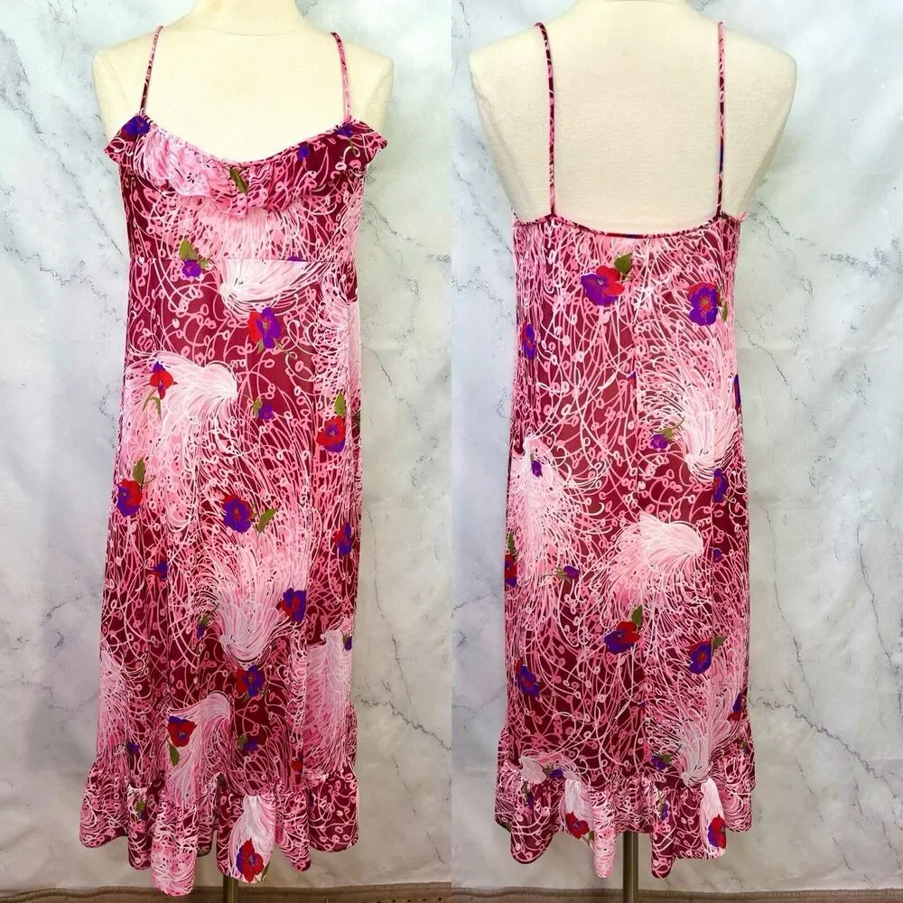 Vintage Vanity Fair Mod Slip Dress 38 L Retro Pink Floral Nylon Whimsical Ruffle - Picture 1 of 13